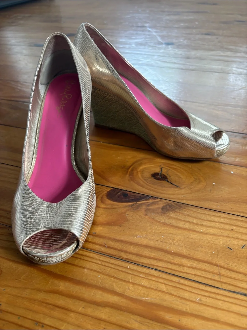 Lilly Pulitzer Metallic Gold Peep-Toe Wedge with Pink Insole